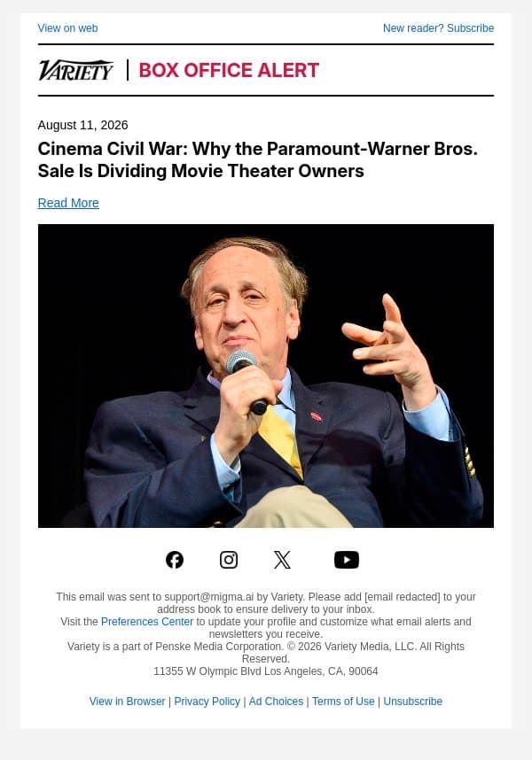Cinema Civil War: Why the Paramount-Warner Bros. Sale Is Dividing Movie Theater Owners email from Variety screenshot
