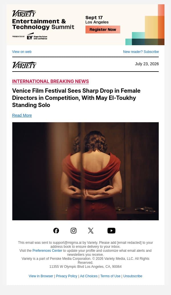 Venice Film Festival Sees Sharp Drop in Female Directors in Competition, With May El-Toukhy Standing Solo email from Variety screenshot