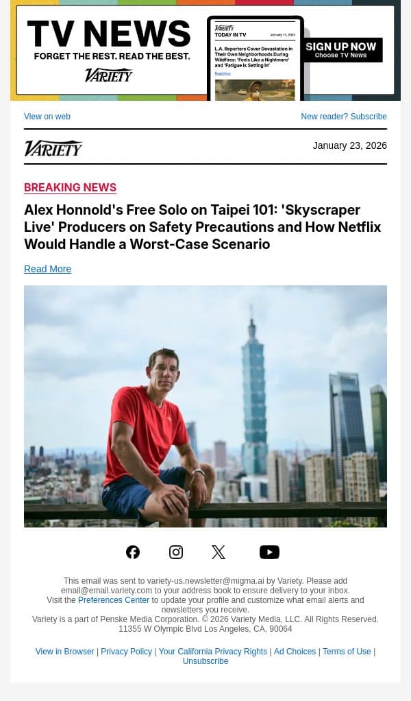 Alex Honnold's Free Solo on Taipei 101: 'Skyscraper Live' Producers on Safety Precautions and How Netflix Would Handle a Worst-Case Scenario email from Variety screenshot
