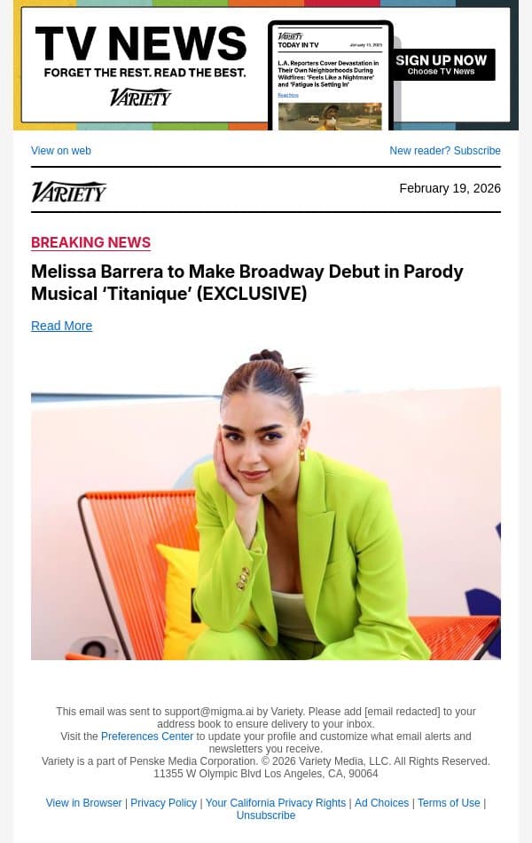Melissa Barrera to Make Broadway Debut in Parody Musical ‘Titanique’ (EXCLUSIVE) email from Variety screenshot