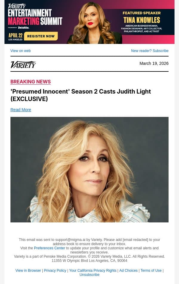 'Presumed Innocent' Season 2 Casts Judith Light (EXCLUSIVE) email from Variety screenshot