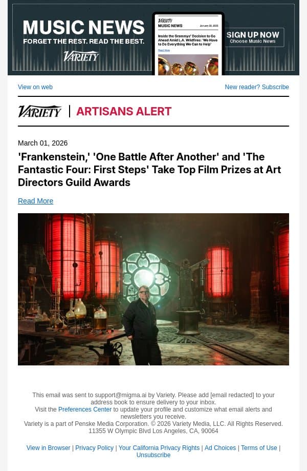 'Frankenstein,' 'One Battle After Another' and 'The Fantastic Four: First Steps' Take Top Film Prizes at Art Directors Guild Awards email from Variety screenshot