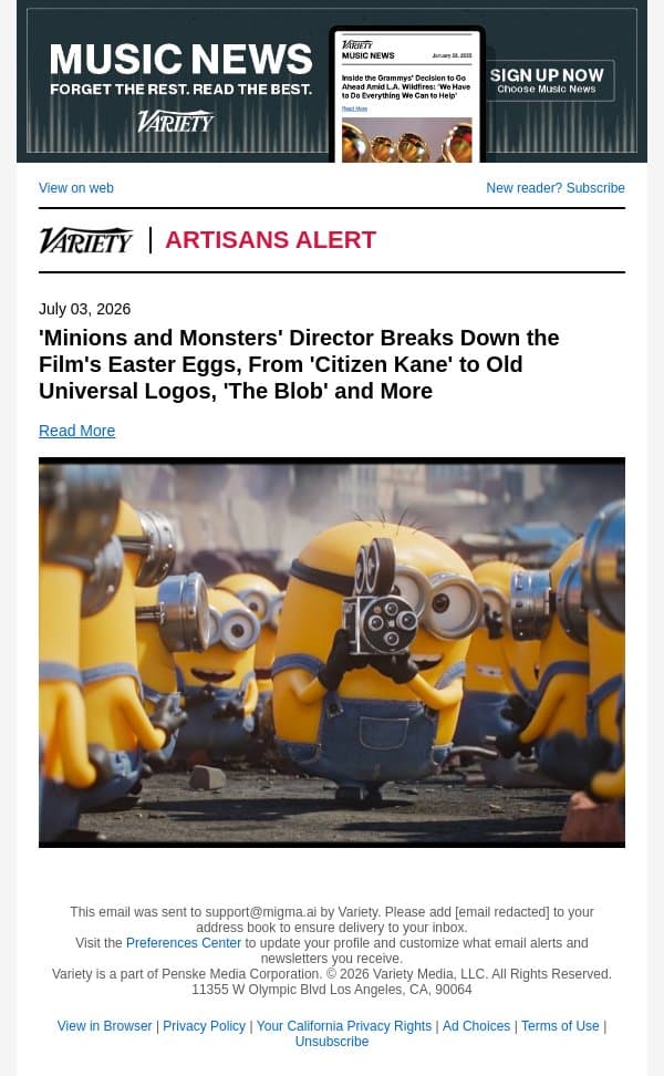 'Minions and Monsters' Director Breaks Down the Film's Easter Eggs, From 'Citizen Kane' to Old Universal Logos, 'The Blob' and More email from Variety screenshot