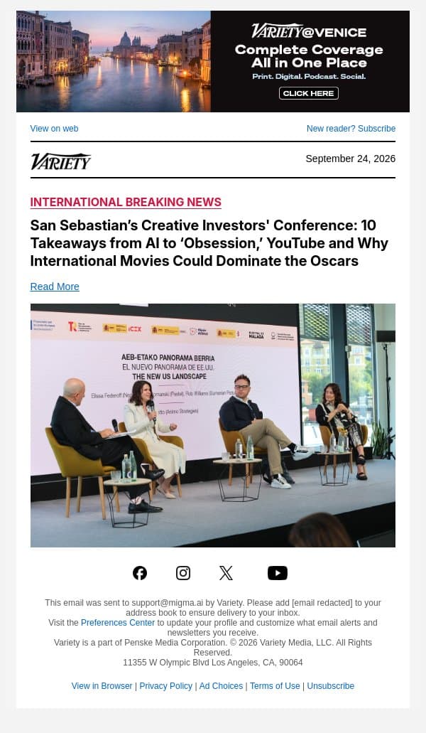 San Sebastian’s Creative Investors' Conference: 10 Takeaways from AI to ‘Obsession,’ YouTube and Why International Movies Could Dominate the Oscars email from Variety screenshot
