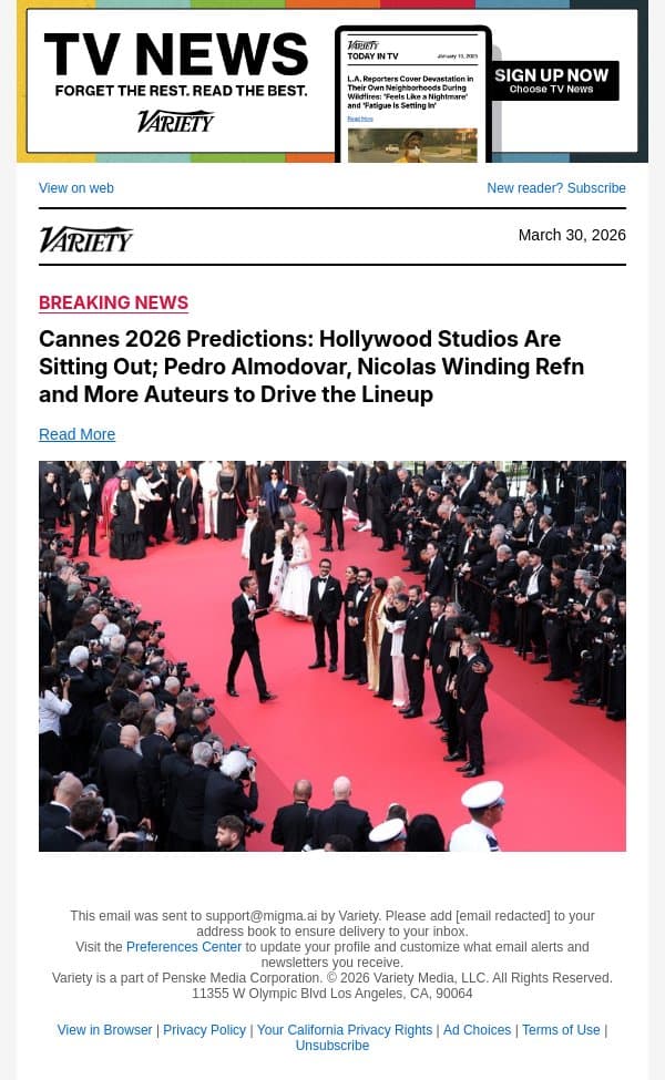Cannes 2026 Predictions: Hollywood Studios Are Sitting Out; Pedro Almodovar, Nicolas Winding Refn and More Auteurs to Drive the Lineup email from Variety screenshot