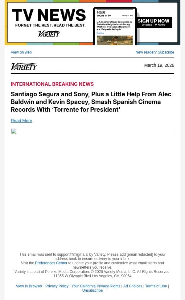 Santiago Segura and Sony, Plus a Little Help From Alec Baldwin and Kevin Spacey, Smash Spanish Cinema Records With ‘Torrente for President’ email from Variety screenshot