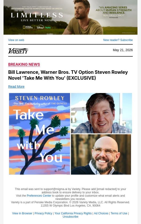 Bill Lawrence, Warner Bros. TV Option Steven Rowley Novel 'Take Me With You' (EXCLUSIVE) email from Variety screenshot