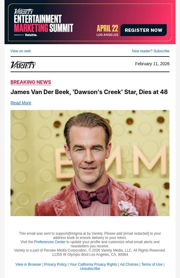 James Van Der Beek, 'Dawson's Creek' Star, Dies at 48 email from Variety screenshot