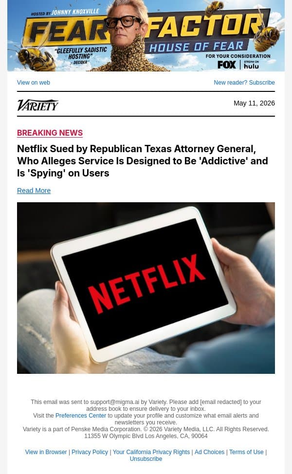 Netflix Sued by Republican Texas Attorney General, Who Alleges Service Is Designed to Be 'Addictive' and Is 'Spying' on Users email from Variety screenshot