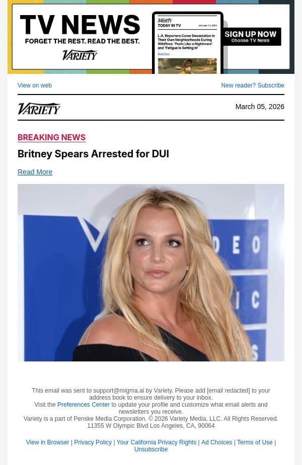 Britney Spears Arrested for DUI email from Variety screenshot