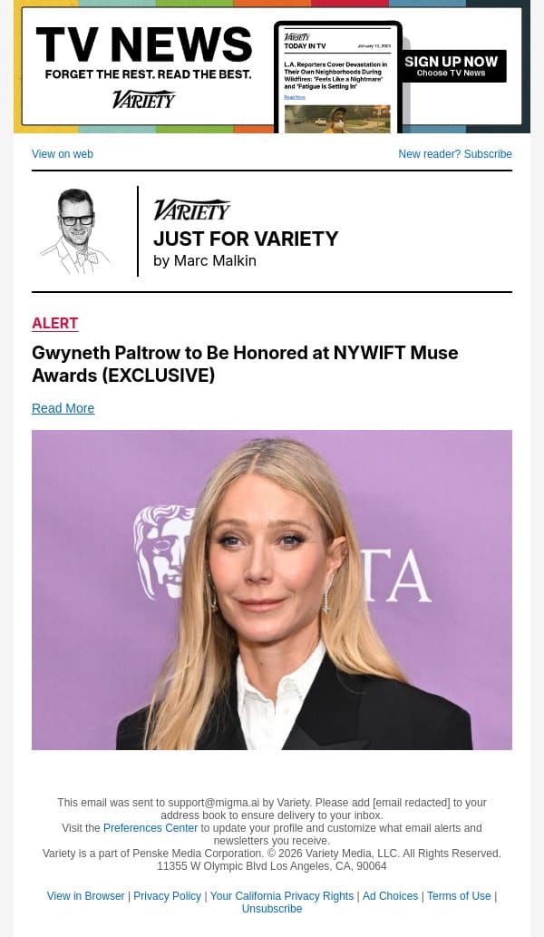 Gwyneth Paltrow to Be Honored at NYWIFT Muse Awards (EXCLUSIVE) email from Variety screenshot