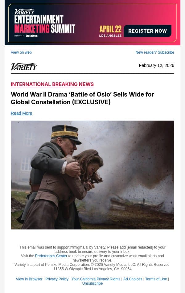 World War II Drama ‘Battle of Oslo’ Sells Wide for Global Constellation (EXCLUSIVE) email from Variety screenshot