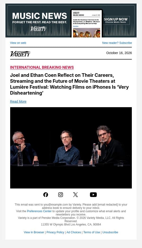 Joel and Ethan Coen Reflect on Their Careers, Streaming and the Future of Movie Theaters at Lumière Festival: Watching Films on iPhones Is ‘Very Disheartening’ email from Variety screenshot
