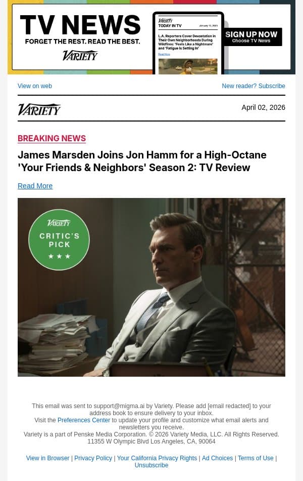 James Marsden Joins Jon Hamm for a High-Octane 'Your Friends and Neighbors' Season 2: TV Review email from Variety screenshot