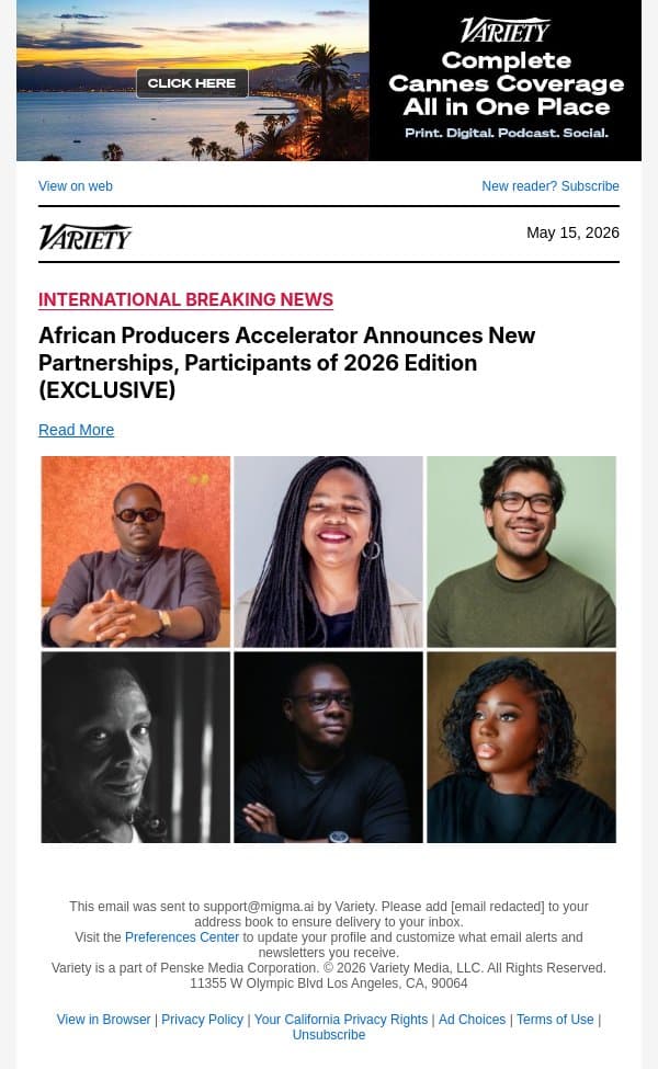 African Producers Accelerator Announces New Partnerships, Participants of 2026 Edition (EXCLUSIVE) email from Variety screenshot
