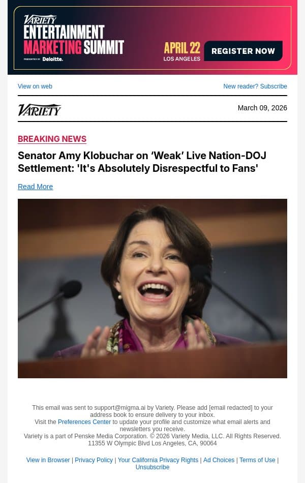 Senator Amy Klobuchar on ‘Weak’ Live Nation-DOJ Settlement: 'It's Absolutely Disrespectful to Fans' email from Variety screenshot