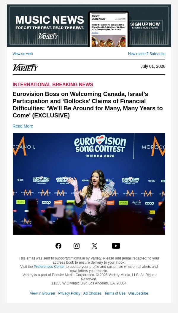 Eurovision Boss on Welcoming Canada, Israel’s Participation and ‘Bollocks’ Claims of Financial Difficulties: ‘We’ll Be Around for Many, Many Years to Come' (EXCLUSIVE) email from Variety screenshot