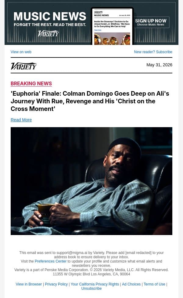 'Euphoria' Finale: Colman Domingo Goes Deep on Ali's Journey With Rue, Revenge and His 'Christ on the Cross Moment' email from Variety screenshot