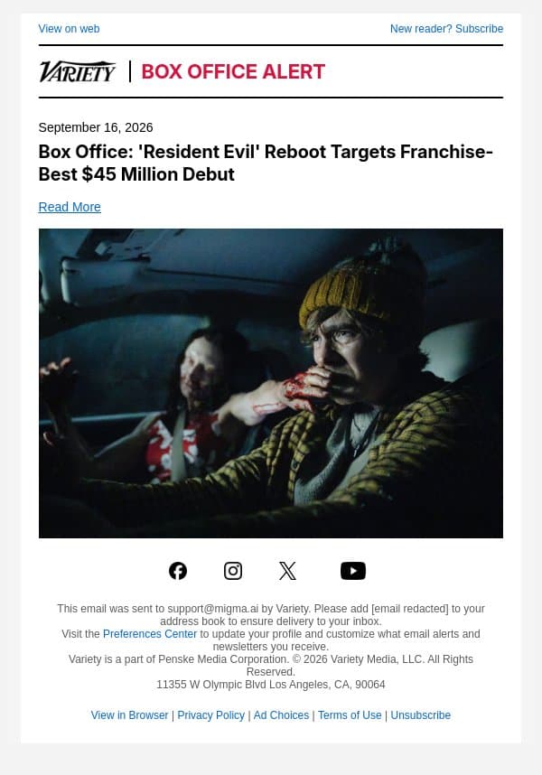 Box Office: 'Resident Evil' Reboot Targets Franchise-Best $45 Million Debut email from Variety screenshot