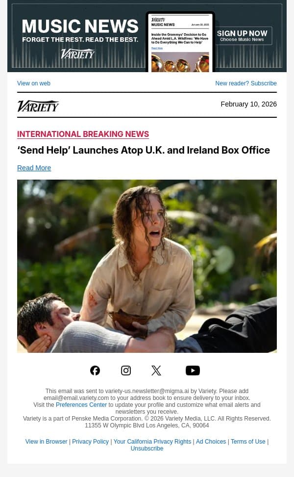 ‘Send Help’ Launches Atop U.K. and Ireland Box Office email from Variety screenshot