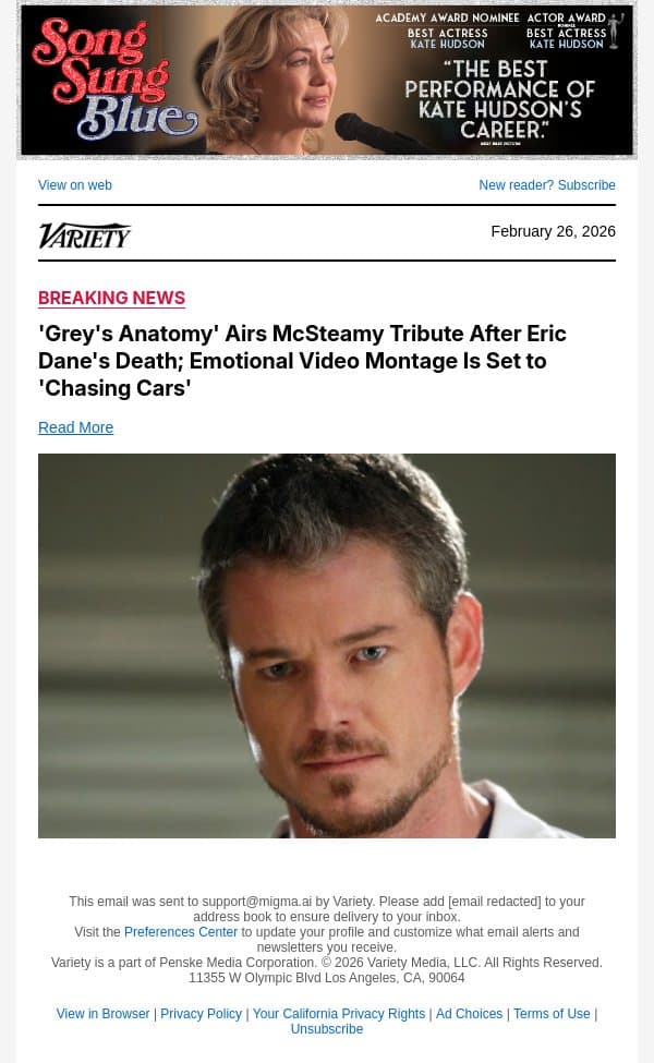 'Grey's Anatomy' Airs McSteamy Tribute After Eric Dane's Death; Emotional Video Montage Is Set to 'Chasing Cars' email from Variety screenshot