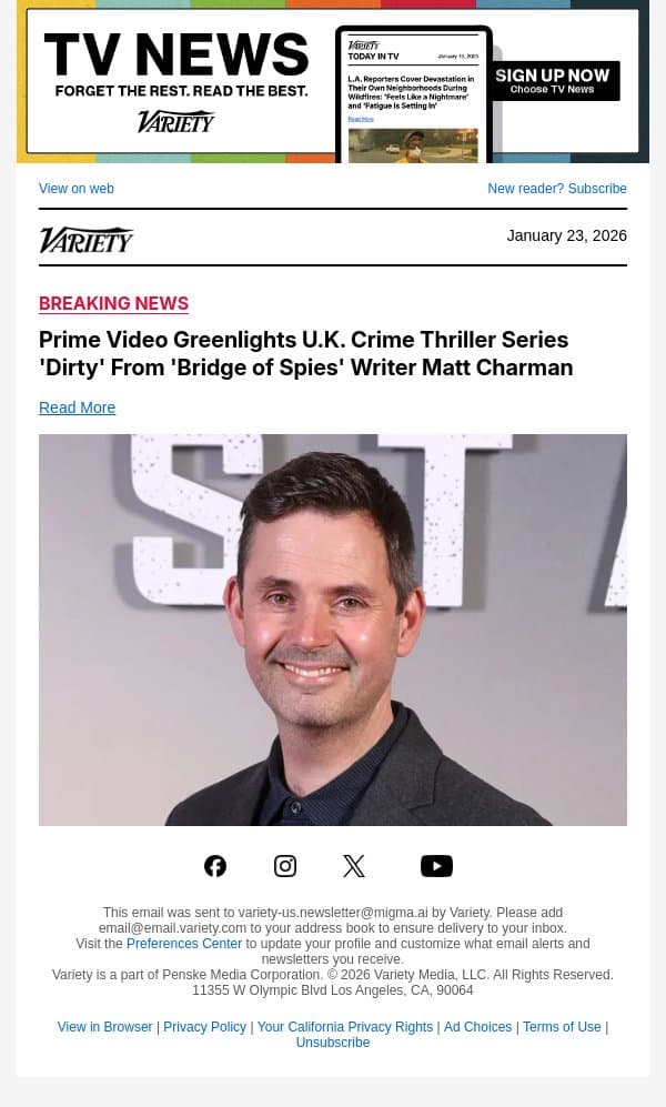 Prime Video Greenlights U.K. Crime Thriller Series 'Dirty' From 'Bridge of Spies' Writer Matt Charman email from Variety screenshot