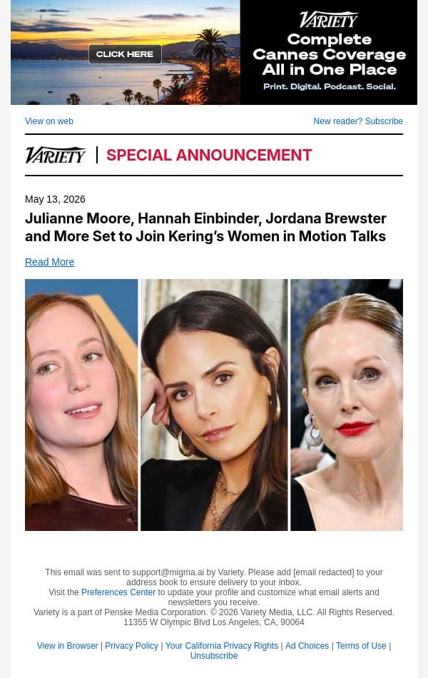 Julianne Moore, Hannah Einbinder, Jordana Brewster and More Set to Join Kering’s Women in Motion Talks email from Variety screenshot
