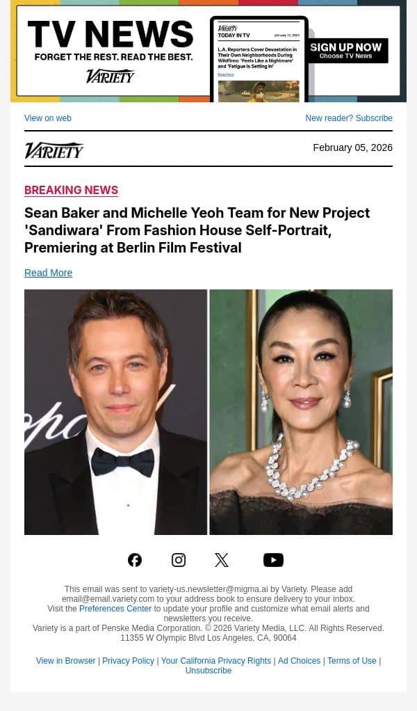 Sean Baker and Michelle Yeoh Team for New Project 'Sandiwara' From Fashion House Self-Portrait, Premiering at Berlin Film Festival email from Variety screenshot
