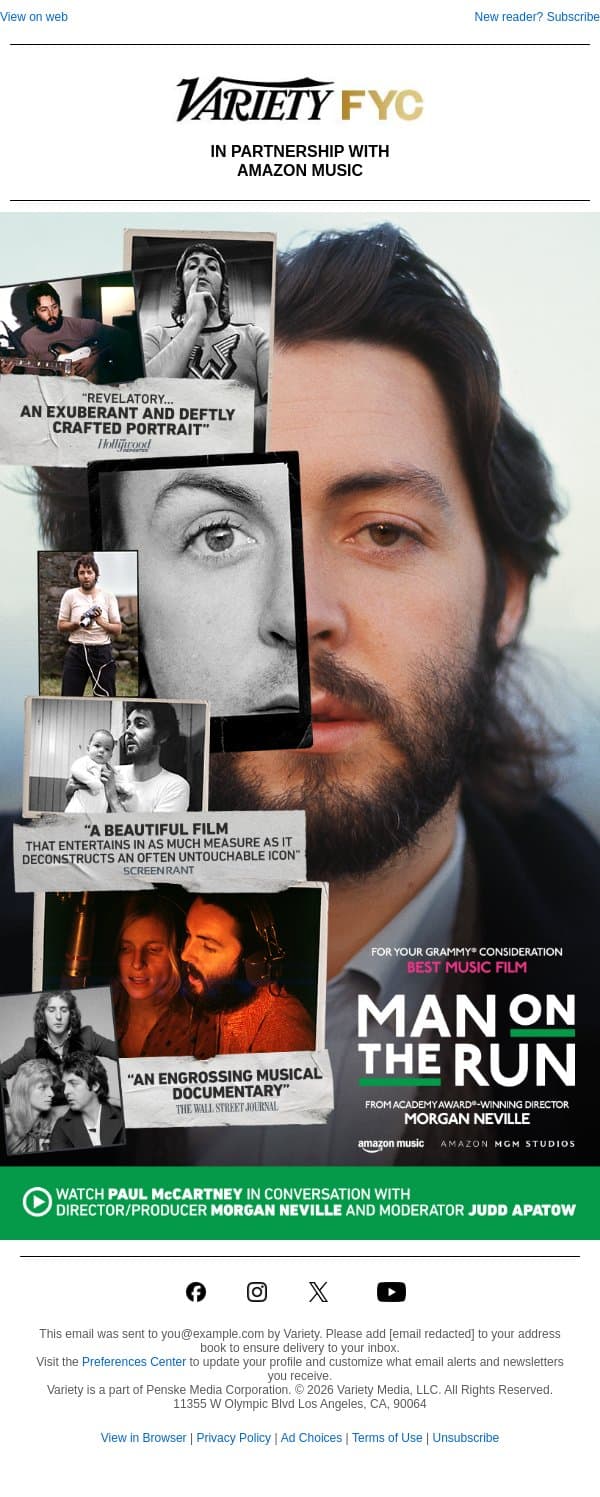 Watch Paul McCartney in Conversation with Morgan Neville | MAN ON THE RUN | Grammys® FYC — Best Music Film email from Variety screenshot