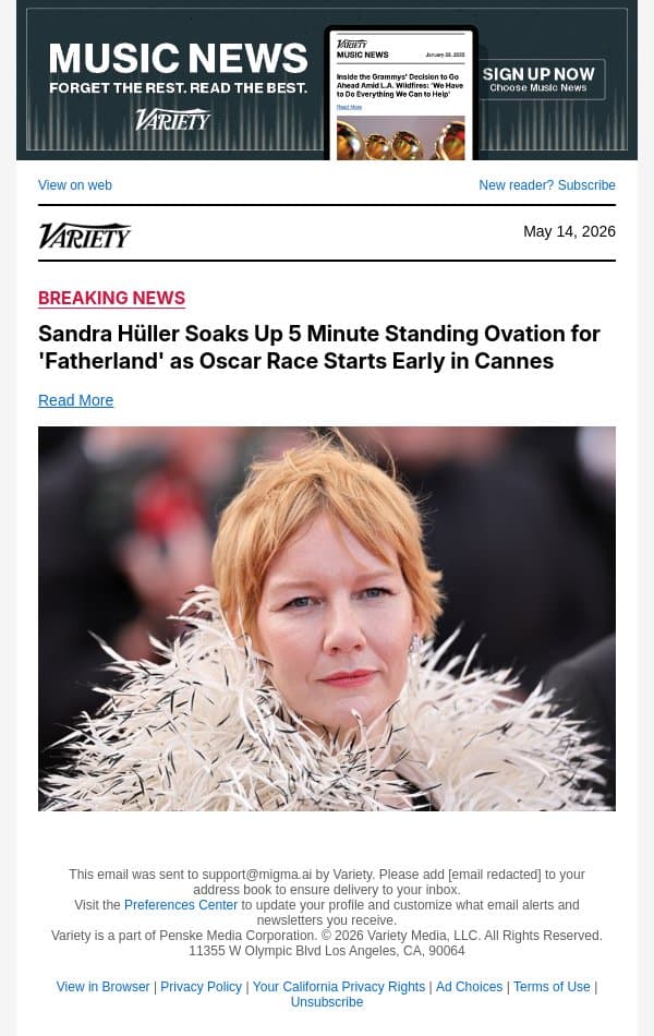 Sandra Hüller Soaks Up 5 Minute Standing Ovation for 'Fatherland' as Oscar Race Starts Early in Cannes email from Variety screenshot