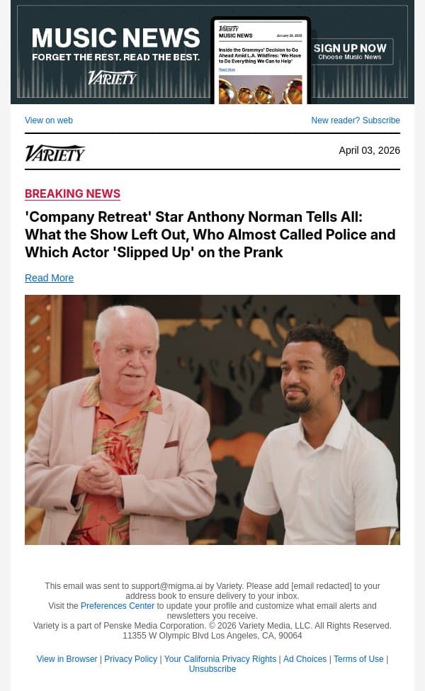 'Company Retreat' Star Anthony Norman Tells All: What the Show Left Out, Who Almost Called Police and Which Actor 'Slipped Up' on the Prank email from Variety screenshot