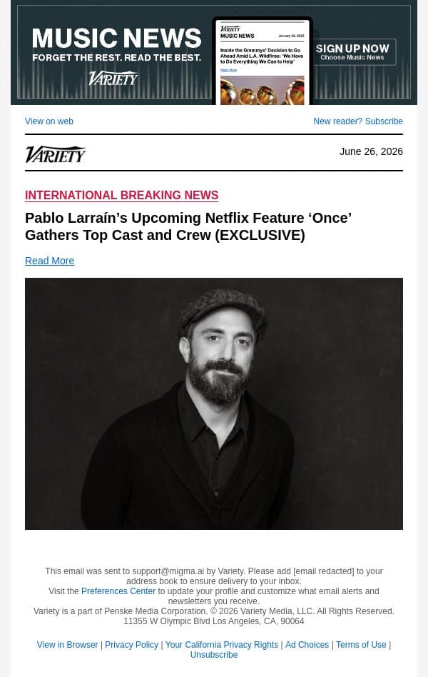 Pablo Larraín’s Upcoming Netflix Feature ‘Once’ Gathers Top Cast and Crew (EXCLUSIVE) email from Variety screenshot