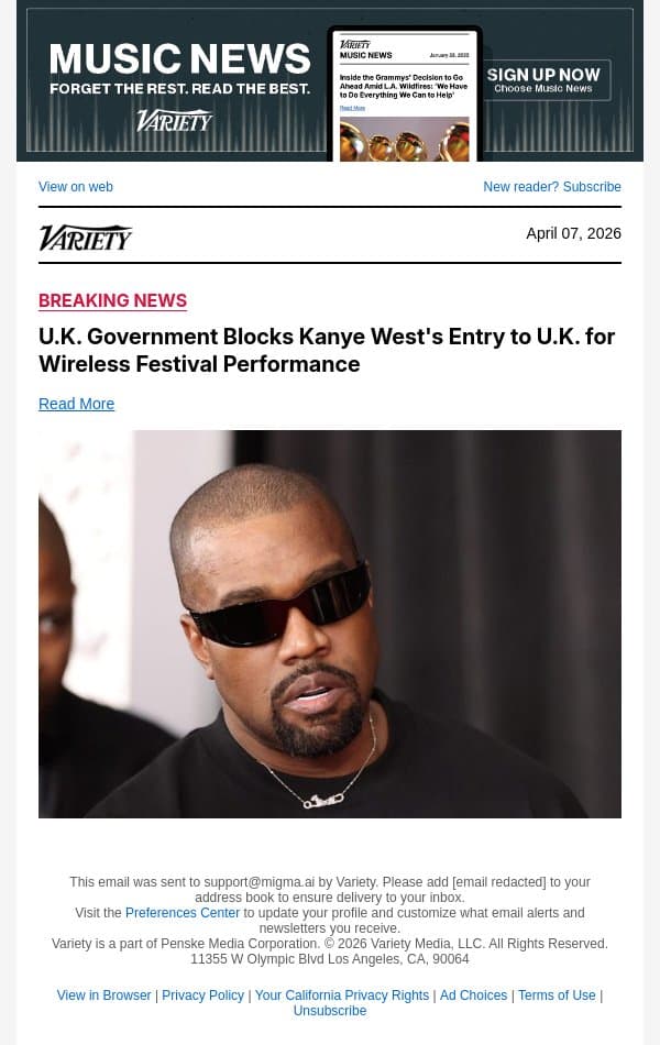 U.K. Government Blocks Kanye West's Entry to U.K. for Wireless Festival Performance email from Variety screenshot