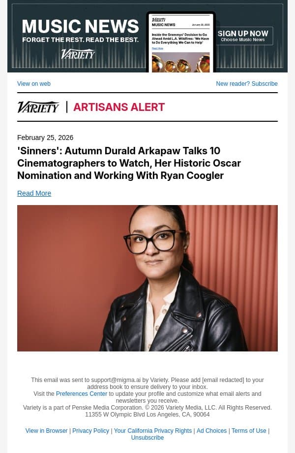 'Sinners': Autumn Durald Arkapaw Talks 10 Cinematographers to Watch, Her Historic Oscar Nomination and Working With Ryan Coogler email from Variety screenshot