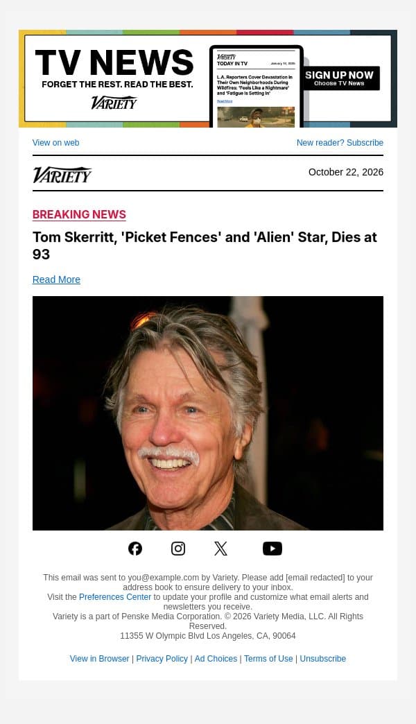 Tom Skerritt, 'Picket Fences' and 'Alien' Star, Dies at 93 email from Variety screenshot