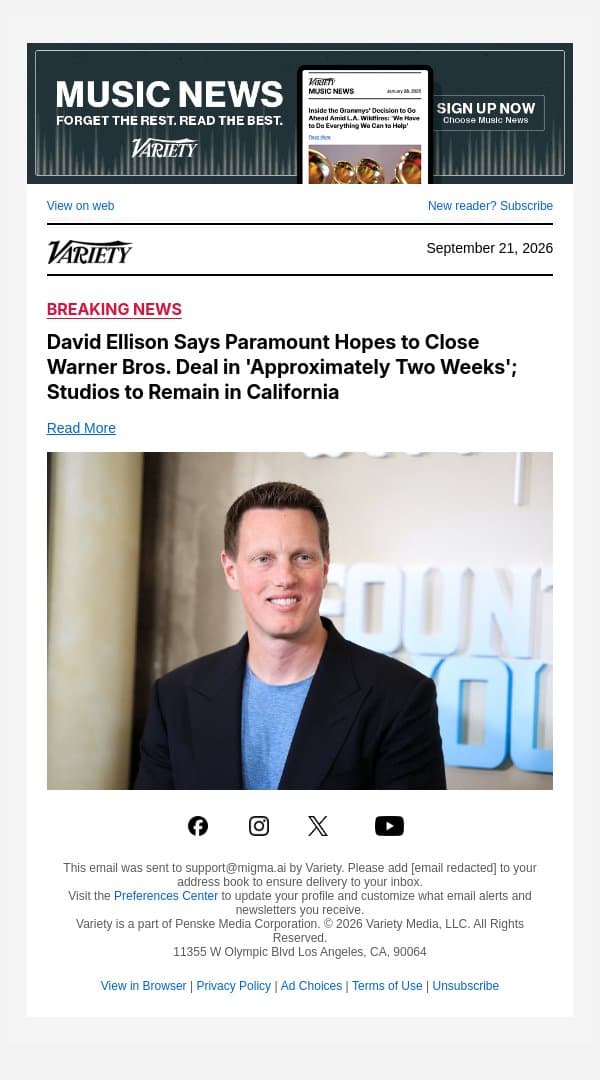 'We Aren’t Going Anywhere': David Ellison Says Merged Paramount-Warner Bros. HQ Will Remain in L.A. email from Variety screenshot