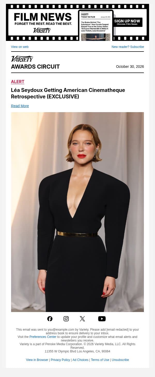 Léa Seydoux Getting American Cinematheque Retrospective (EXCLUSIVE) email from Variety screenshot