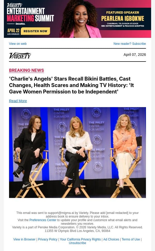 'Charlie's Angels' Stars Recall Bikini Battles, Cast Changes, Health Scares and Making TV History: 'It Gave Women Permission to be Independent' email from Variety screenshot