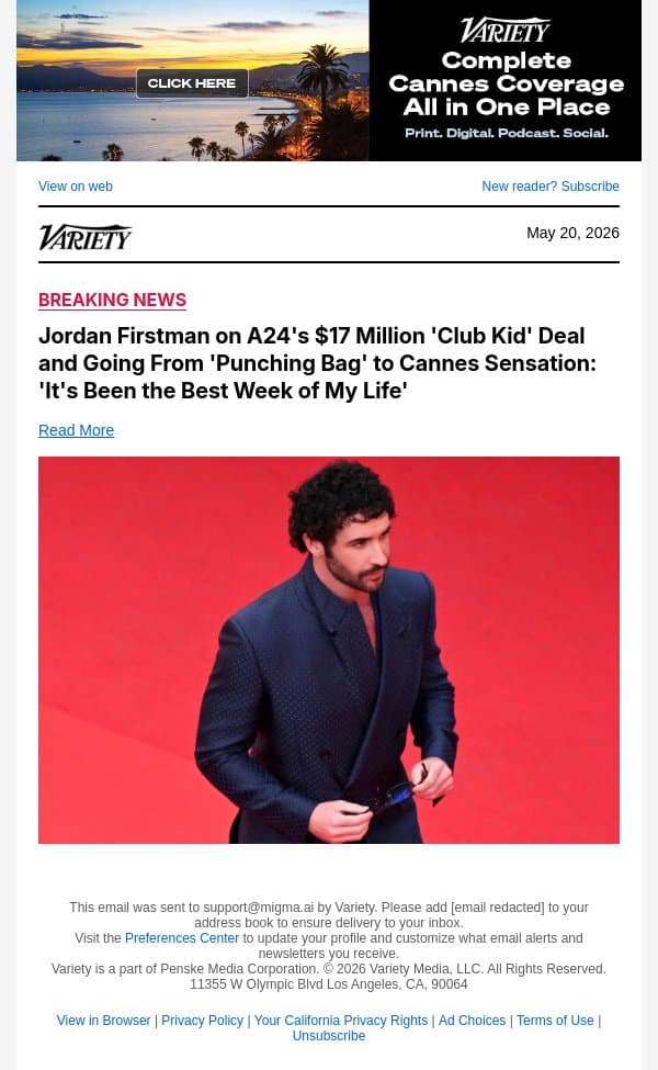 Jordan Firstman on A24's $17 Million 'Club Kid' Deal and Going From 'Punching Bag' to Cannes Sensation: 'It's Been the Best Week of My Life' email from Variety screenshot