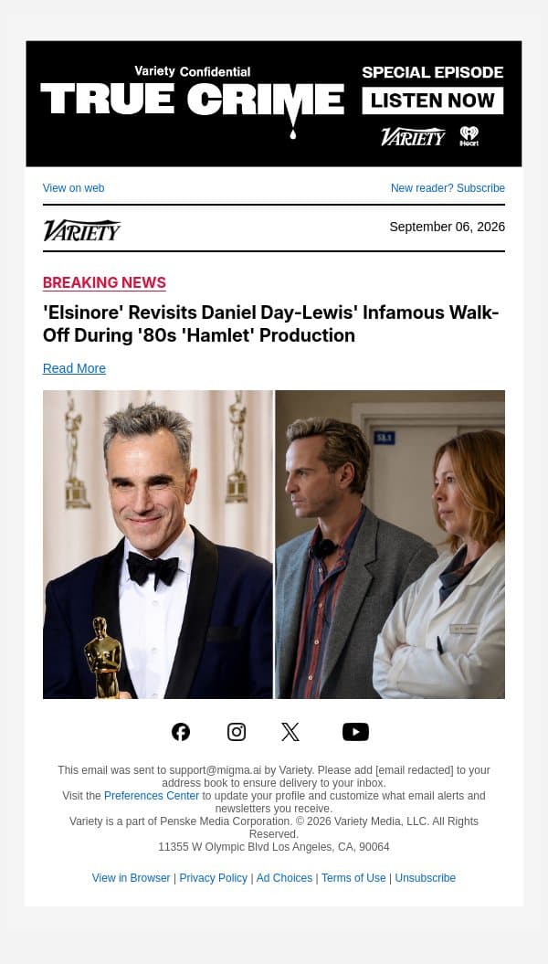 'Elsinore' Revisits Daniel Day-Lewis' Infamous Walk-Off During '80s 'Hamlet' Production email from Variety screenshot