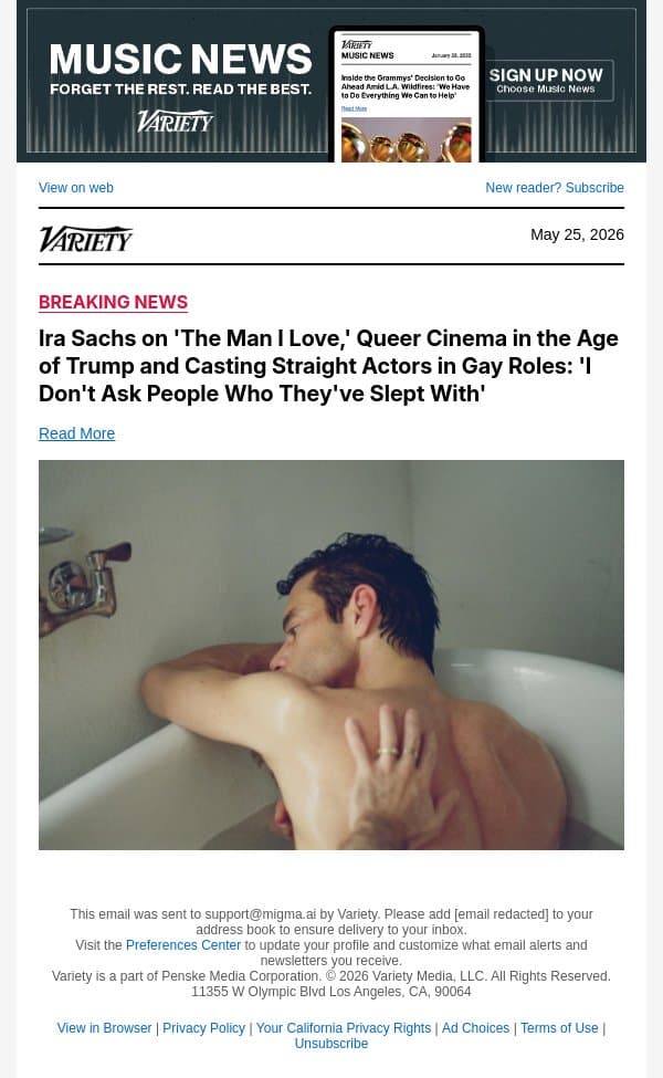 Ira Sachs on 'The Man I Love,' Queer Cinema in the Age of Trump and Casting Straight Actors in Gay Roles: 'I Don't Ask People Who They've Slept With' email from Variety screenshot