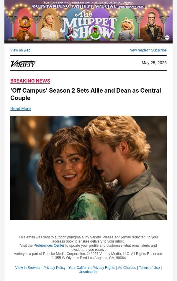 'Off Campus' Season 2 Sets Allie and Dean as Central Couple email from Variety screenshot