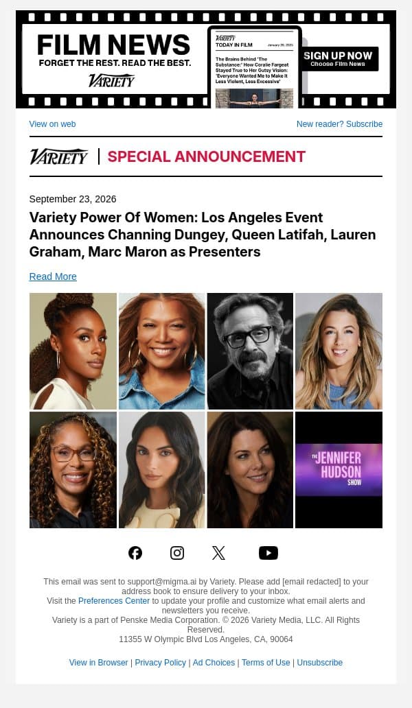 Variety Power Of Women: Los Angeles Event Announces Channing Dungey, Queen Latifah, Lauren Graham, Marc Maron as Presenters email from Variety screenshot