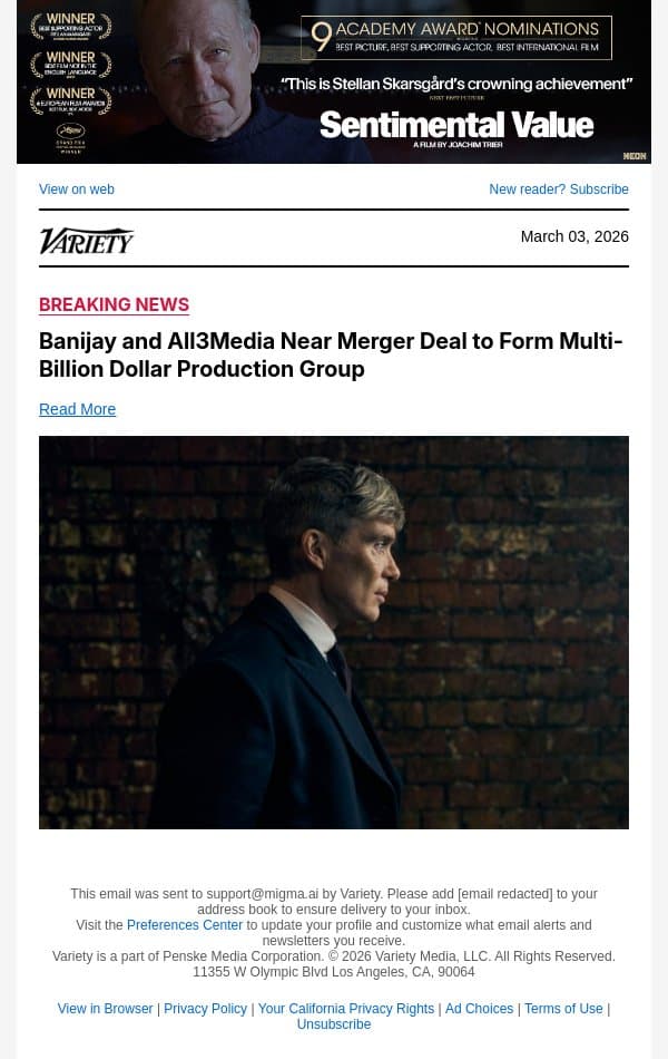 Banijay and All3Media Near Merger Deal to Form Multi-Billion Dollar Production Group email from Variety screenshot