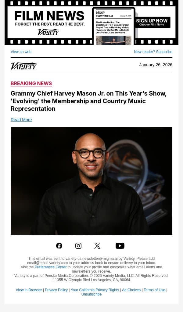 Grammy Chief Harvey Mason Jr. on This Year's Show, 'Evolving' the Membership and Country Music Representation email from Variety screenshot