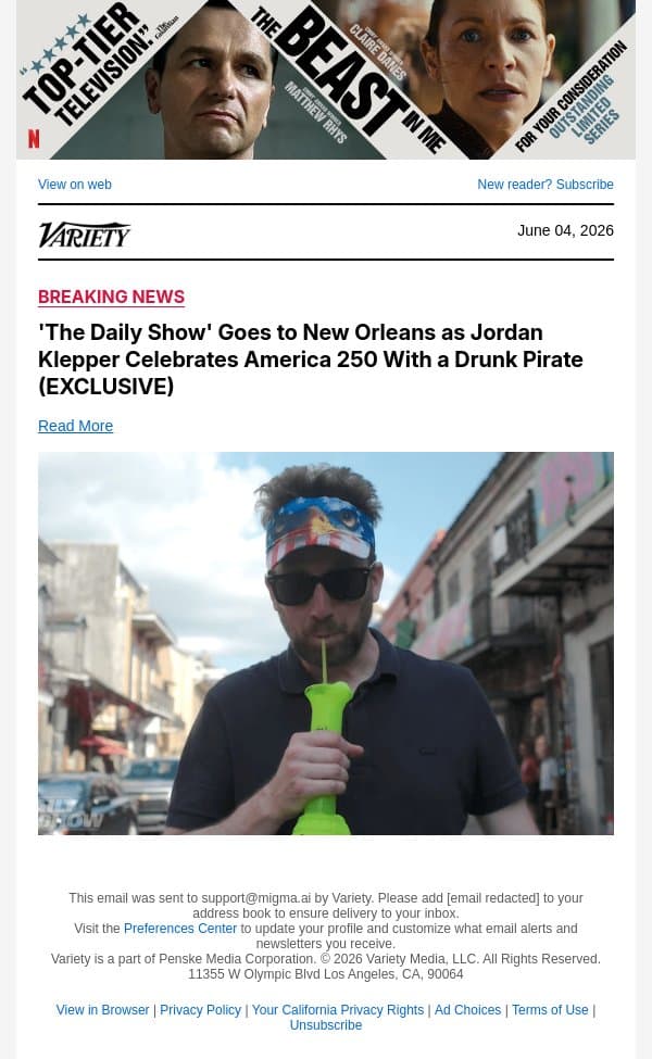 'The Daily Show' Goes to New Orleans as Jordan Klepper Celebrates America 250 With a Drunk Pirate (EXCLUSIVE) email from Variety screenshot