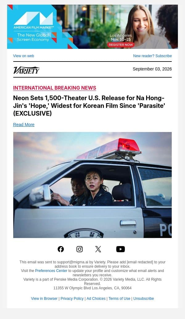Neon Sets 1,500-Theater U.S. Release for Na Hong-Jin's 'Hope,' Widest for Korean Film Since 'Parasite' (EXCLUSIVE) email from Variety screenshot