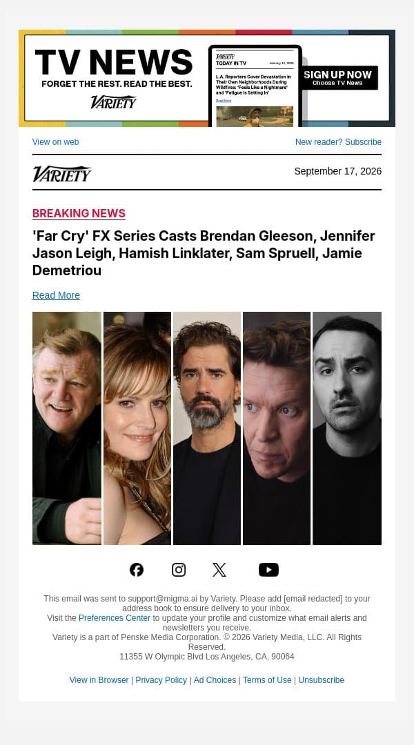 'Far Cry' FX Series Casts Brendan Gleeson, Jennifer Jason Leigh, Hamish Linklater, Sam Spruell, Jamie Demetriou email from Variety screenshot