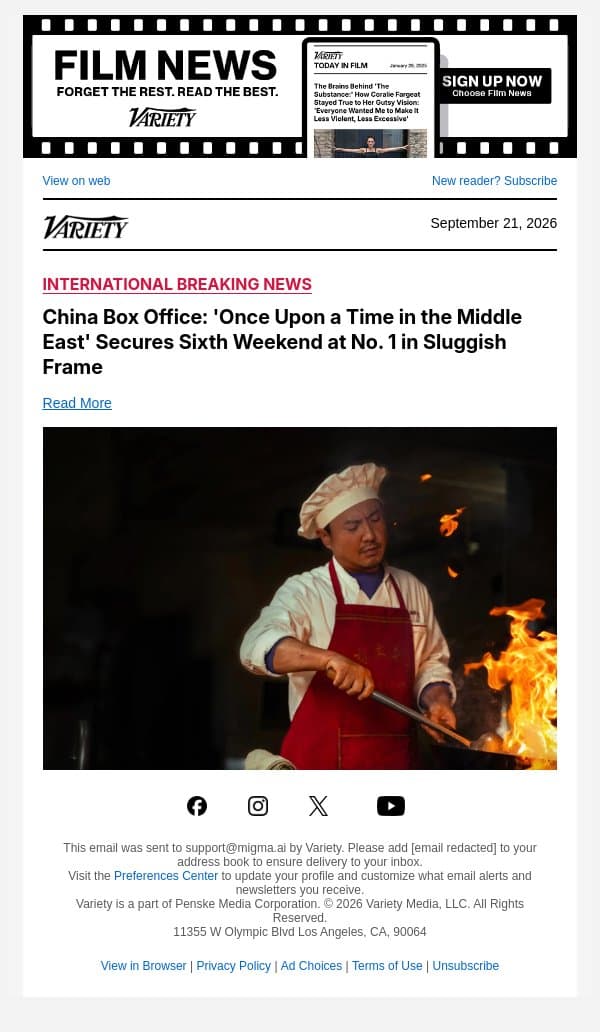 China Box Office: 'Once Upon a Time in the Middle East' Secures Sixth Weekend at No. 1 in Sluggish Frame email from Variety screenshot