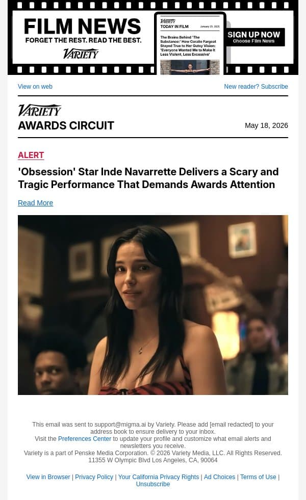 'Obsession' Star Inde Navarrette Delivers a Scary and Tragic Performance That Demands Awards Attention email from Variety screenshot